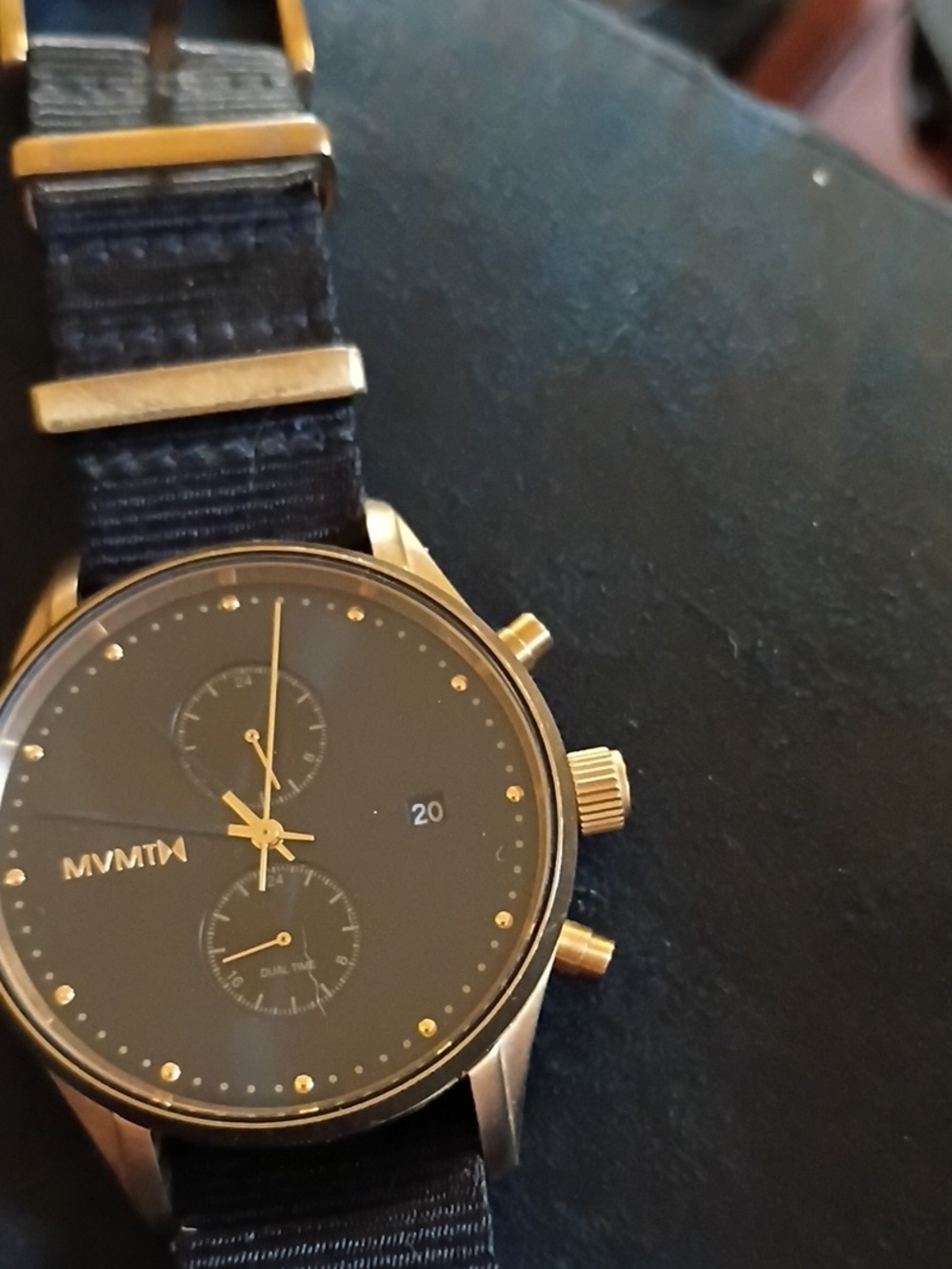 MVMT Gold Case Black Dial Watch with Navy Strap